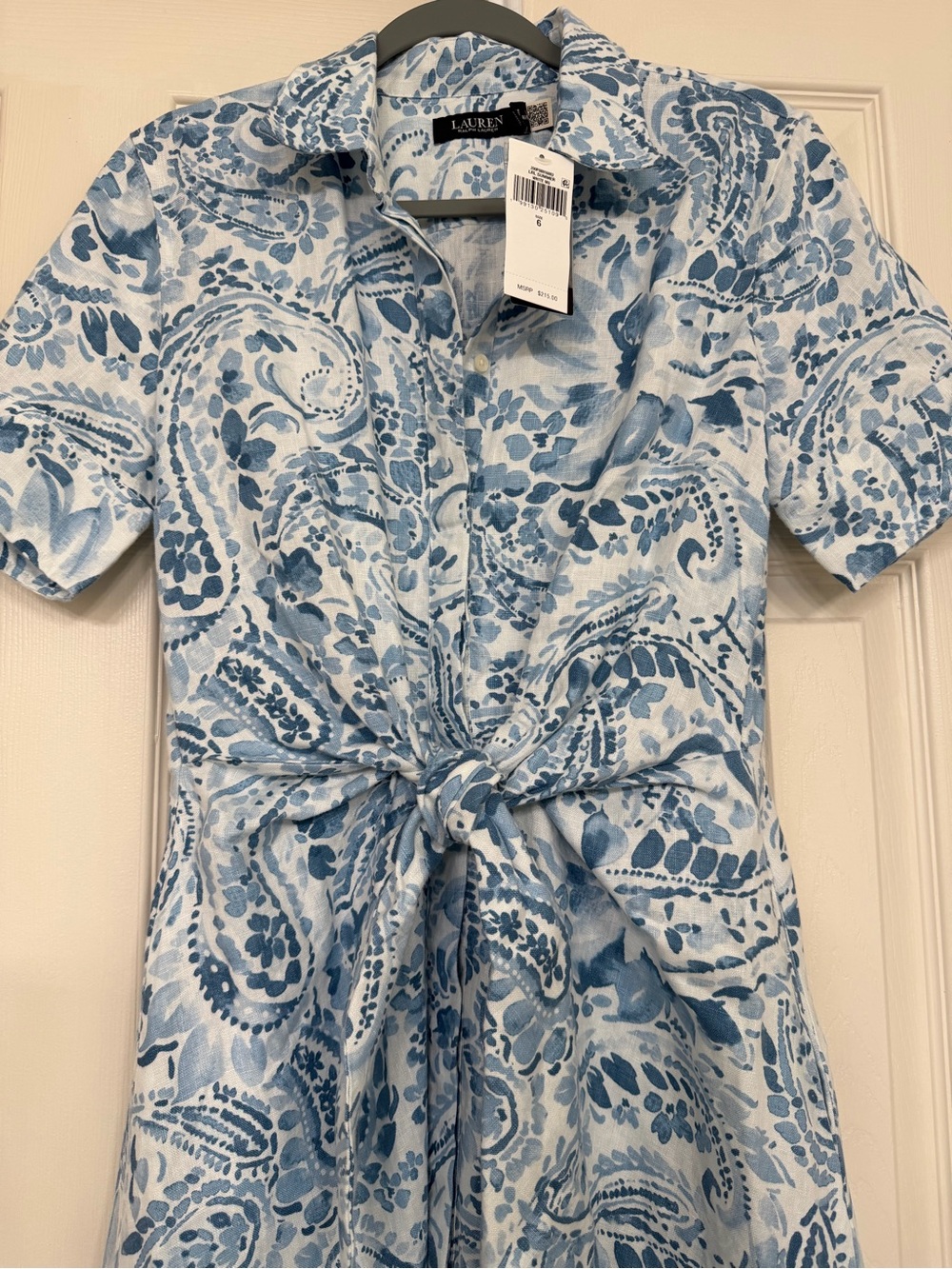Ralph Lauren Blue & White Paisley Tie-Waist Shirt Dress - Picture 3 of 5